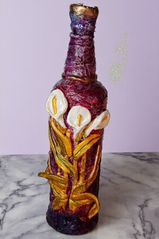 Handcrafted Lily Flowers Clay Bottle Art