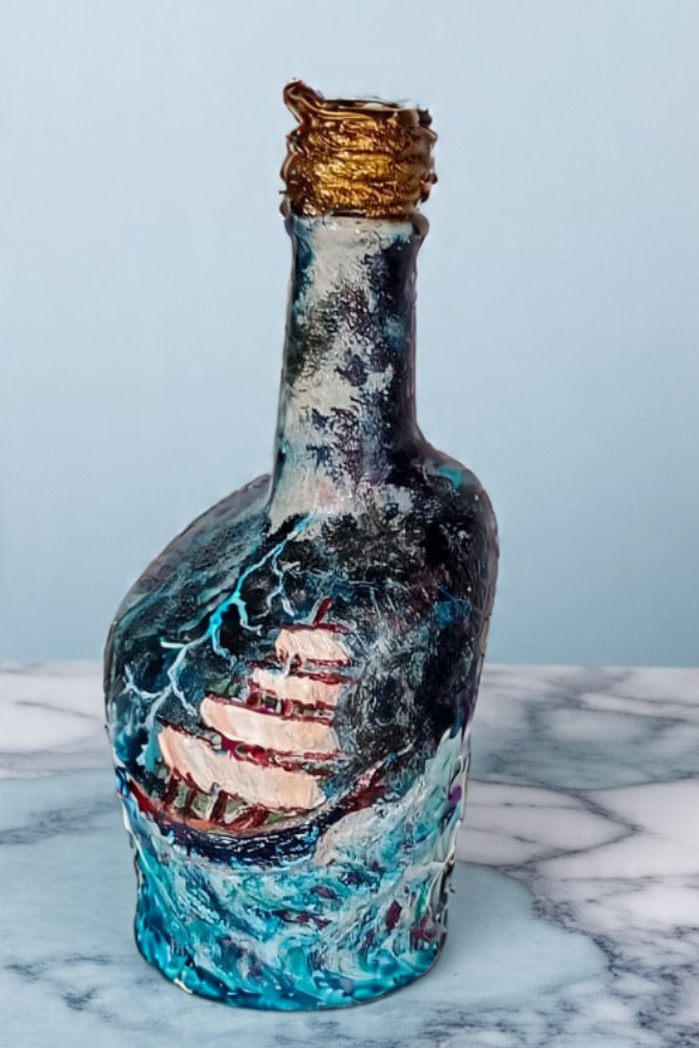 Handcrafted Clay Bottle Art Stormy Sea & Ship Bold Nautical Home Décor