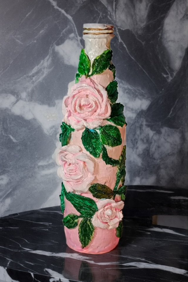 Handmade Clay Bottle Art with Delicate Roses
