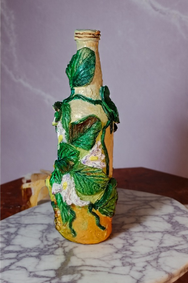 Unique Handcrafted Clay Bottle Art Leafy Floral Designs