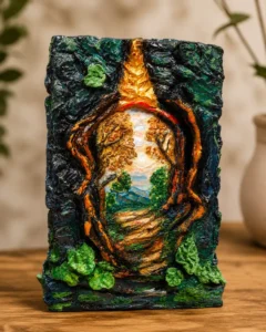 Handmade Secret Garden Hidden in a Cave 3D Square Flower Vase with fantasy forest portal and sculpted stone texture