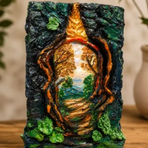 Handmade Secret Garden Hidden in a Cave 3D Square Flower Vase with fantasy forest portal and sculpted stone texture